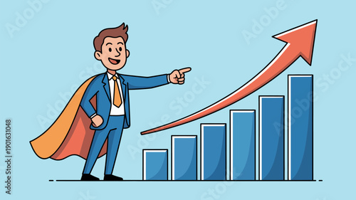 A cartoon businessman in a blue suit and orange cape stands confidently in front of a rising bar graph with a red arrow pointing upwards.
