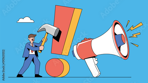 A cartoon man in a blue suit uses a hammer to break through a red and yellow barrier next to a loudspeaker on a blue background.