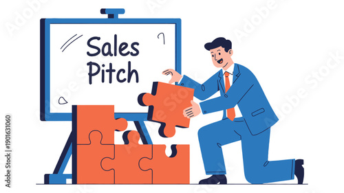 A businessman in a blue suit is putting together a puzzle in front of a whiteboard with the words 'Sales Pitch' written on it.