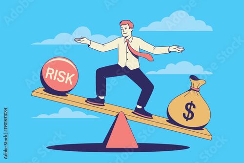 A businessman balances risk and reward on a seesaw with a money bag and risk sphere.