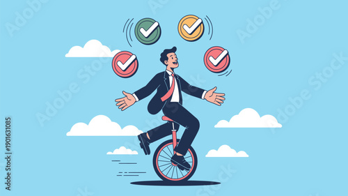 A cartoon businessman riding a unicycle with checkmarks floating above him, symbolizing balance and success in business.