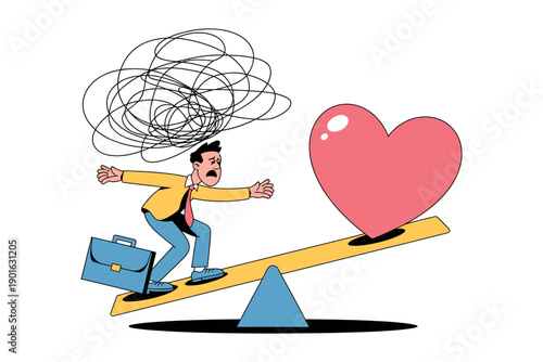 A stressed businessman struggles to balance work and love on a seesaw