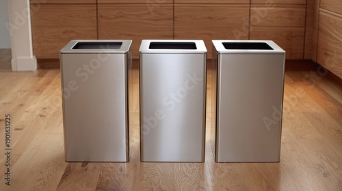 Three stainless steel waste bins on light wood floor