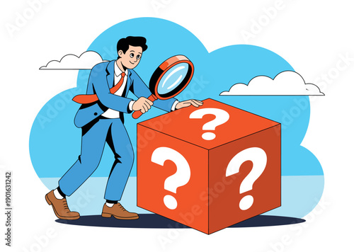 A cartoon businessman in a blue suit examines a large red cube with question marks using a magnifying glass.
