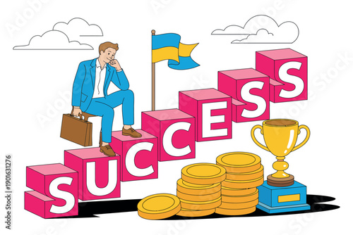 A successful businessman sitting on a pink block with a Ukrainian flag, surrounded by gold coins and a trophy, symbolizing achievement and prosperity.