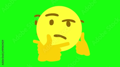 Vector illustration of a yellow thinking face emoji with a hand on its chin, expressing contemplation or doubt, set against a solid green background for chroma key use.