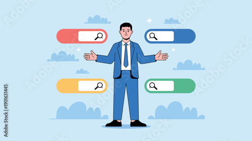 A cartoon businessman in a blue suit stands with open arms surrounded by colorful search bars and clouds on a light blue background.