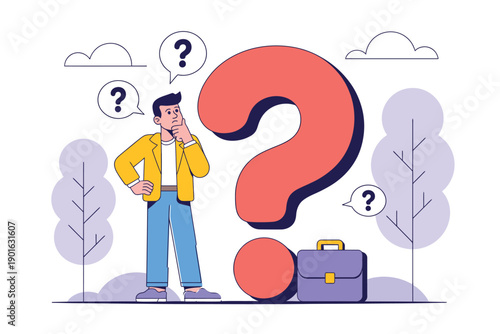 A cartoon man stands confused next to a large question mark and briefcase, contemplating a puzzling situation.