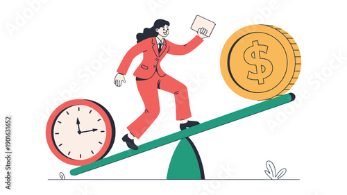 A cartoon woman in a business suit balances on a seesaw between a clock and a dollar coin while holding a credit card.