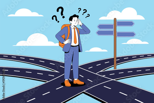 A confused businessman stands at a crossroads with multiple paths ahead, symbolizing decision making and career choices.