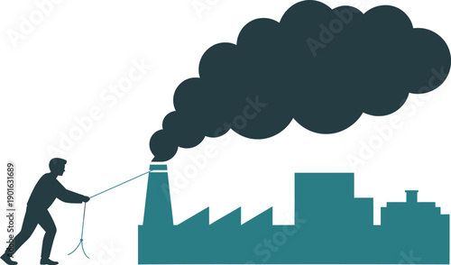 Silhouette of a person pulling a rope attached to a smoking factory chimney