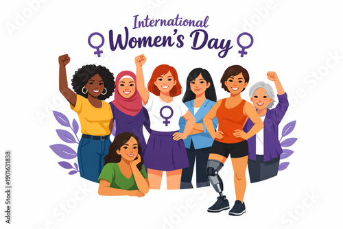 vector of diverse women including prosthetic leg representation empowered for international women’s day on white background