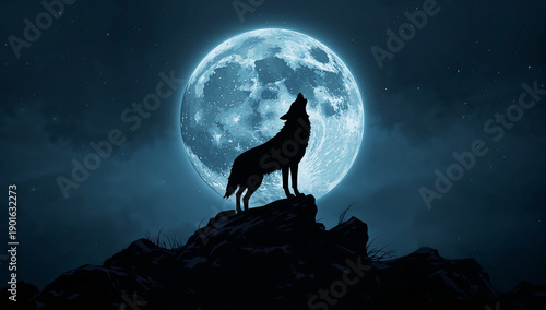 Lone wolf howling at full moon in dark night sky with stars