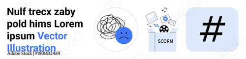 Sad face with tangled lines reflects confusion, SCORM file emits media and code symbols, and bold metadata tag suggests focus or categorization. Ideal for education, technology, communication, social