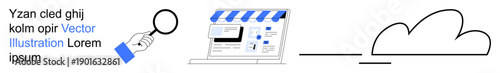 E-commerce, cloud storage, online search, website development, digital marketing, data accessibility. A magnifying glass, online storefront interface and cloud icon. E-commerce and online search