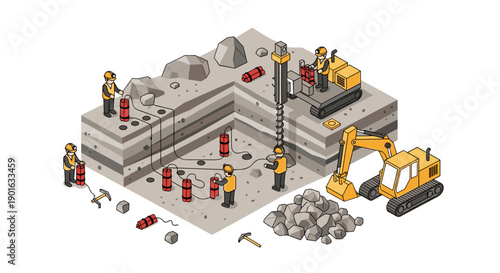 Construction Site with Workers and Machinery.