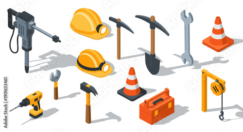 Construction Tools and Safety Equipment Set.