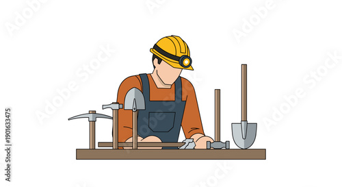 Construction Worker at Workbench with Tools.