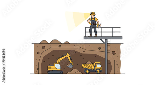 Construction Worker Overseeing Mining Operations Underground.