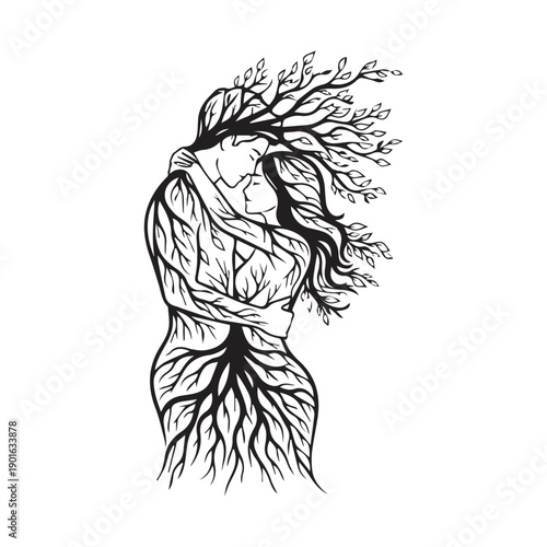 Surreal tree of life concept with silhouette of a couple embracing as roots and branches