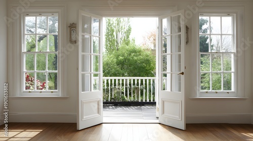 Bright Interior Room with French Doors and Balcony Overlooking Lush Greenery.