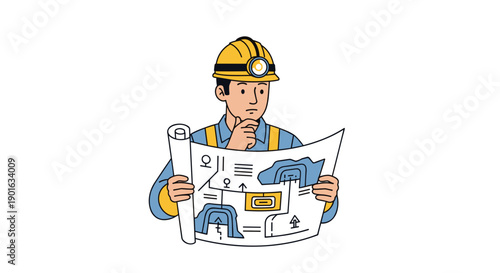 Engineer Examining Blueprint with Thoughtful Expression.