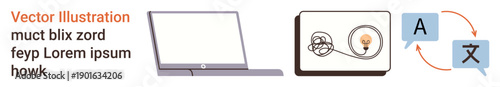 Digital learning, problem-solving, translation services, global communication, creativity, online education. Laptop, tangled lines with bulb and language icons. Digital learning and translation