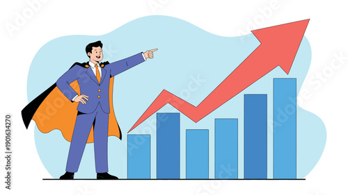 A confident businessman in a suit and cape stands triumphantly next to a rising bar graph with a red arrow pointing upwards, symbolizing success and growth.