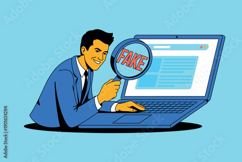 A cartoon man in a blue suit examines a laptop with a magnifying glass that says fake on it.