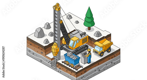 Isometric Mining Site with Crane and Trucks.