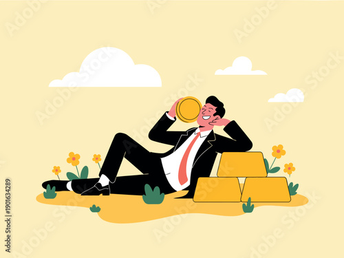 A cartoon businessman in a suit relaxes outdoors with gold coins and bars surrounded by flowers.