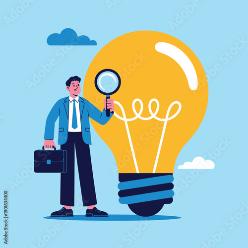 A businessman in a blue suit holding a magnifying glass next to a large yellow lightbulb, symbolizing a bright idea or innovation.