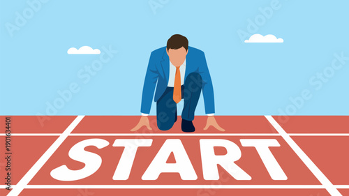 A businessman in a blue suit prepares to start running on a track with a bright blue sky background
