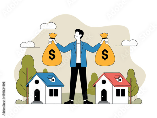 A man holding money bags stands between two houses symbolizing financial investment or real estate