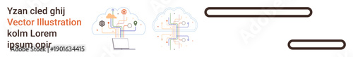 Cloud computing, data processing, AI innovation, tech systems, digitalization, IT infrastructure. Clouds connected with multiple lines and icons. Cloud computing and data processing concept