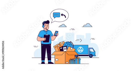 Man Delivering Parcels with Mobile Phone.