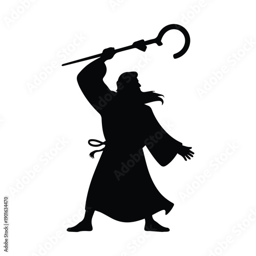 Silhouette of powerful sorcerer casting a magical spell with staff