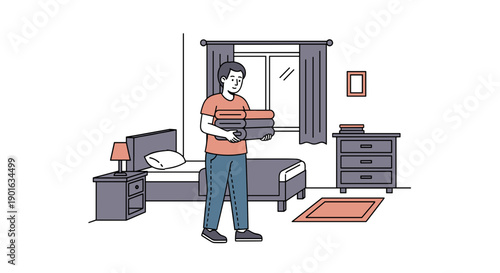 Man holding cardboard box in bedroom.