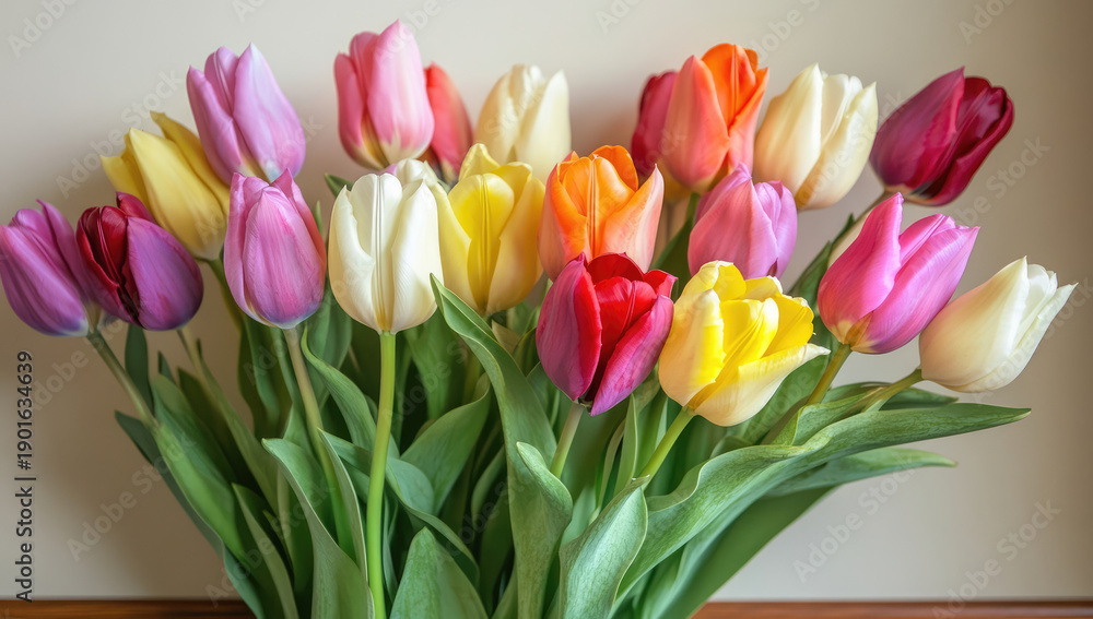 Naklejka premium Colorful bouquet of fresh tulips on a shelf beside wall