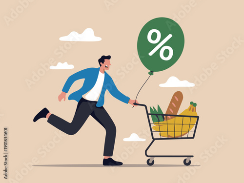A man running with a shopping cart and a green balloon with a percent sign, symbolizing discounts and savings.