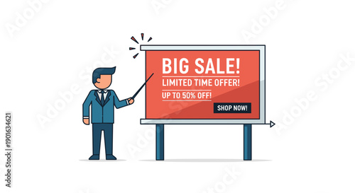 Man in Suit Pointing at Billboard Sale.