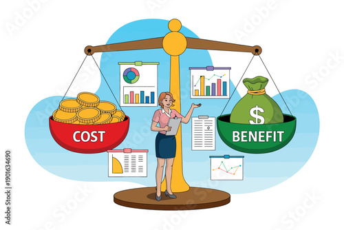 A woman weighs the costs and benefits of a financial decision with graphs and charts in the background.
