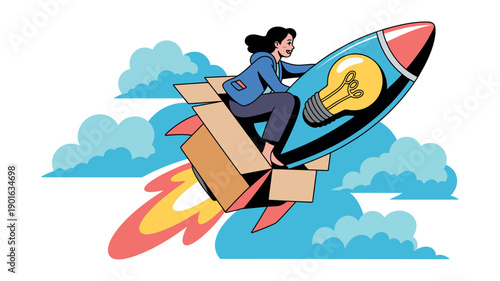 A woman rides a cardboard rocket with a lightbulb soaring through clouds symbolizing innovation and entrepreneurship