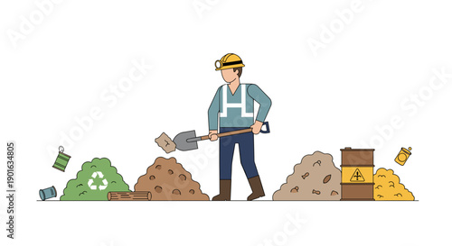 Man Sorting Waste with Shovel.