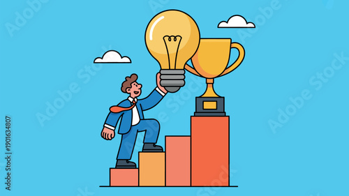 A cartoon man in a business suit climbing a bar graph to reach a trophy and lightbulb, symbolizing success and innovation.