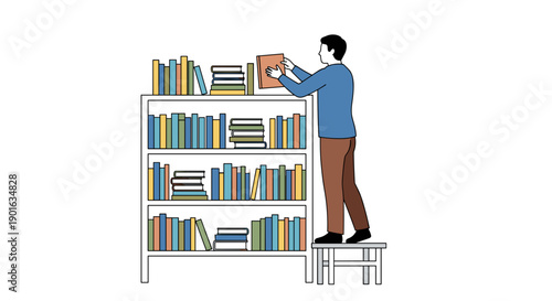 Man Standing on Stool Reaching for Book.