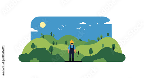 Man Standing with Hiking Backpack and Stick.