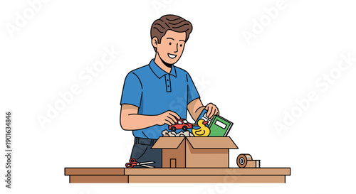 Man Unpacking Box with Various Items Inside.