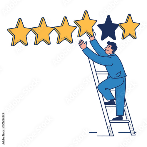 A cartoon man on a ladder reaching for a star rating with a smile