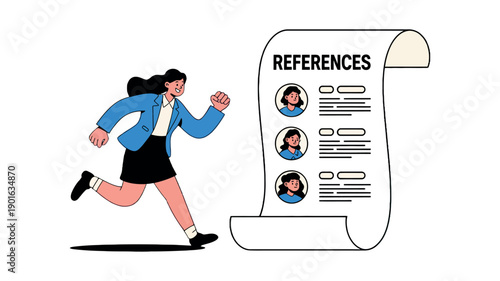 A young professional woman running towards a list of job references with a determined expression